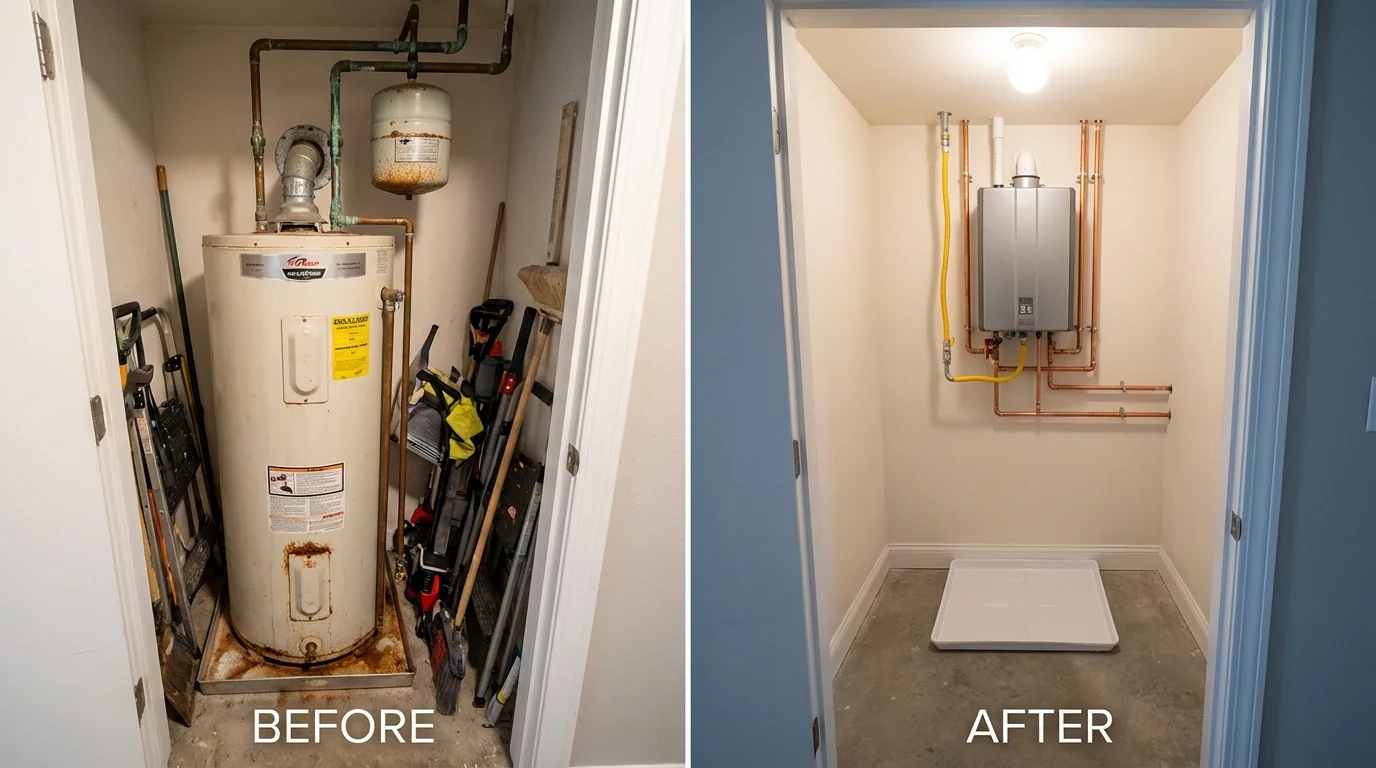 Tank water heater versus wall-mounted tankless unit comparison for Nederland, TX homeowners