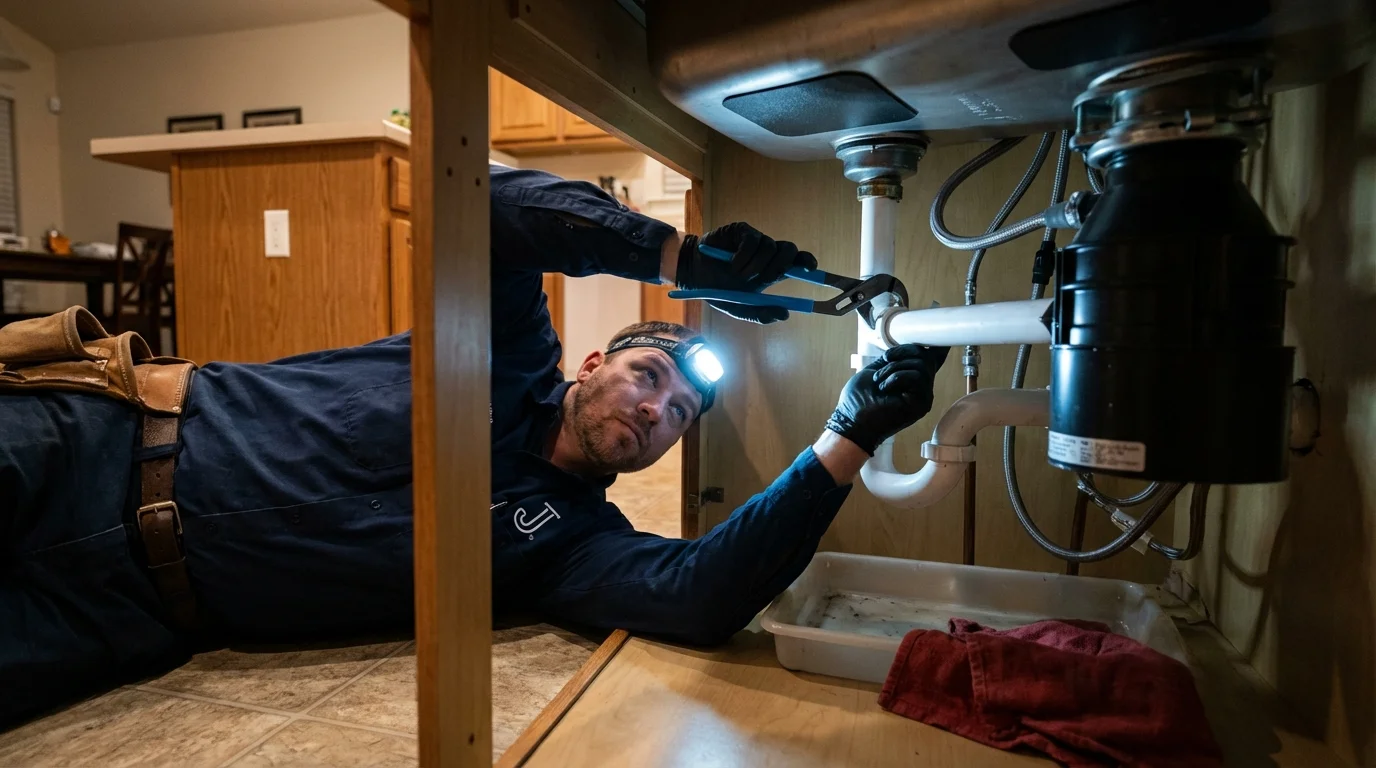 P-trap and supply line connections under a kitchen sink showing a common leak point in Nederland, TX